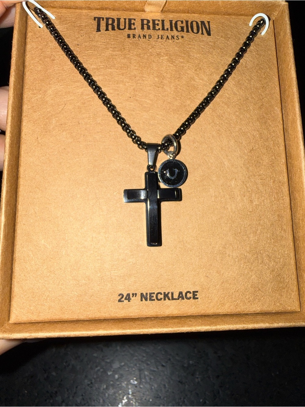NEW True Religion Men’s Black 24” Necklace & Cross Pendant Logo Charm